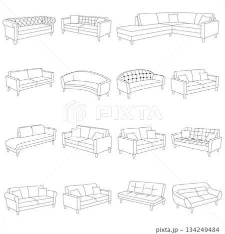 A clean, black and white line art illustration featuring 16 different styles of sofas and couches. The diverse collection includes classic, modern, and sectional designs, presented as outlines A clean, black and white line art illustration featuring 16 different styles of sofas and couches. The diverse collection includes classic, modern, and sectional designs, presented as outlines 134249484