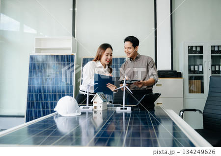 Cutting edge solar panel battery concept with our team of renewable energy engineers 134249626