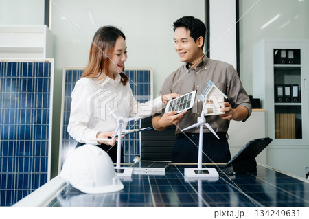 Cutting edge solar panel battery concept with our team of renewable energy engineers 134249631