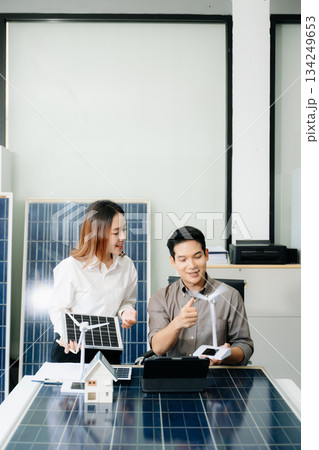 Cutting edge solar panel battery concept with our team of renewable energy engineers 134249653