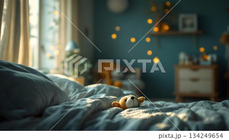 A teddy bear on a bed with a light bulb, capturing the essence of family happiness in a cozy baby room setting 134249654