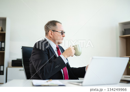 Mature business man executive manager looking at laptop watching online webinar training or having virtual working in office. 134249966