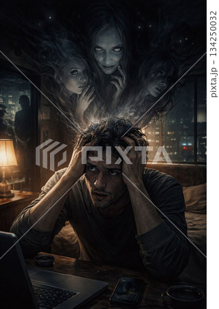 恐怖に頭を抱える男性 134250032