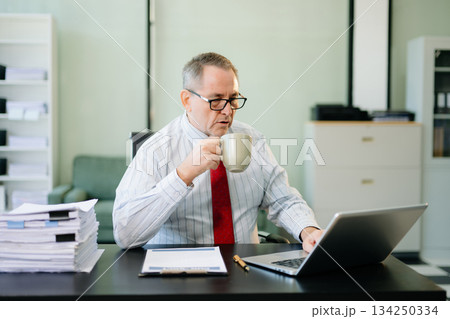 Frustrated Mature Businessmann working on a laptop computer sitting at his working place 134250334