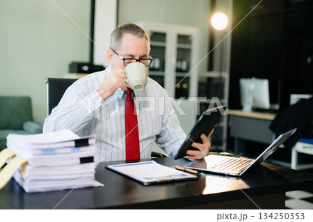 Mature businessman working in office with laptop, tablet, and notes. Perfect for business, finance, accounting 134250353