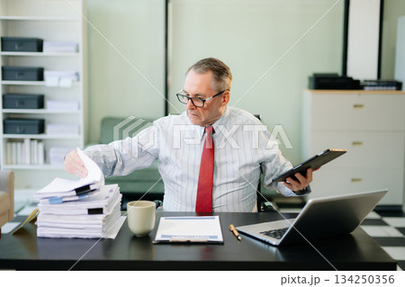 Professional businessman working at office with laptop, tablet, and notes. Perfect for business, finance 134250356