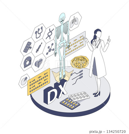 医療DXを説明する女性医師のアイソメイラスト 134250720
