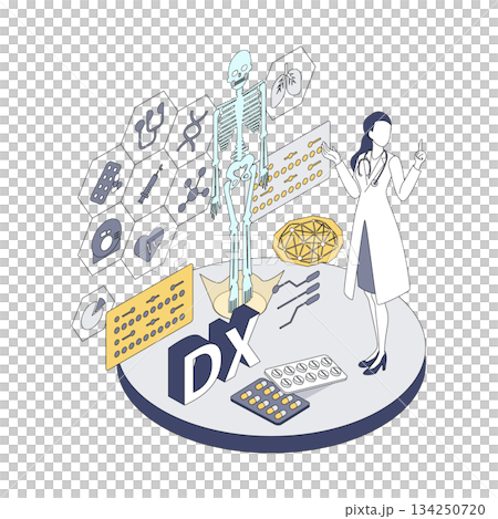 医療DXを説明する女性医師のアイソメイラスト 134250720