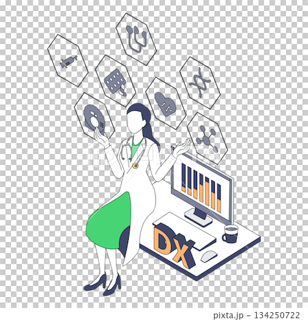 Isometric illustration of a female doctor handling medical DX data 134250722