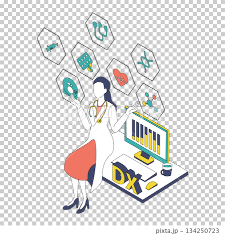 Isometric illustration of a female doctor handling medical DX data (Color variation) 134250723