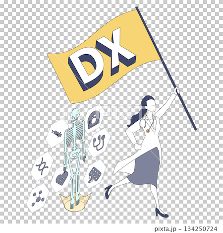 Isometric illustration of a female doctor holding a medical DX flag Isometric illustration of a female doctor holding a medical DX flag 134250724
