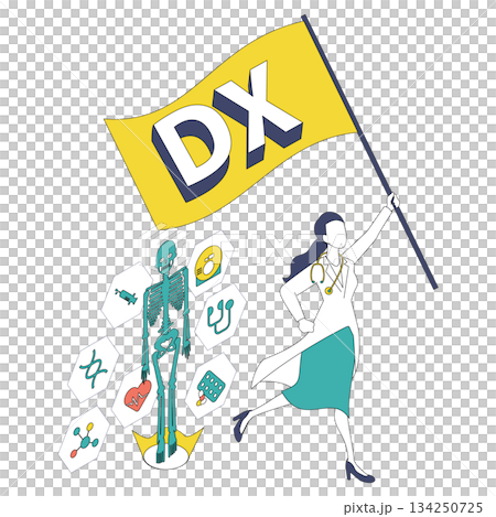 Isometric illustration of a female doctor holding a flag for medical digital transformation (Color variation) Isometric illustration of a female doctor holding a flag for medical digital transformation (Color variation) 134250725
