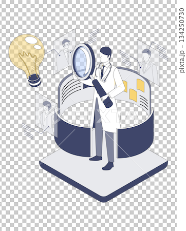 Isometric illustration of a male doctor investigating medical DX information 134250730