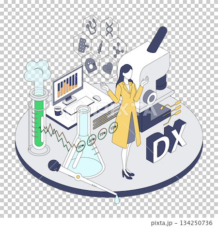 以等距視角描繪了一位女醫師處理醫療數位轉型和研究數據的情況 134250736