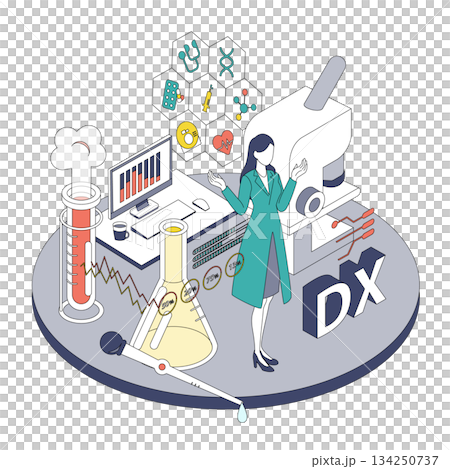 Isometric illustration of a female doctor handling medical digital transformation and research data (Color variation) 134250737