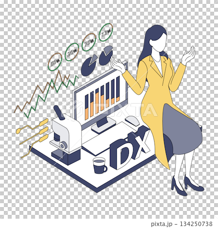 Isometric illustration of a female doctor analyzing medical DX data 134250738