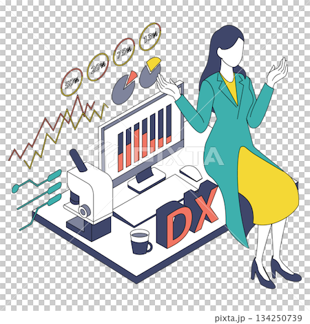 女醫生分析醫療診斷數據的等距插圖（顏色變化） 134250739
