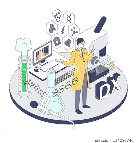 医療DXと研究データを扱う男性医師のアイソメイラスト 134250740