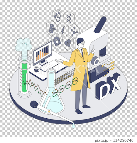 医療DXと研究データを扱う男性医師のアイソメイラスト 134250740