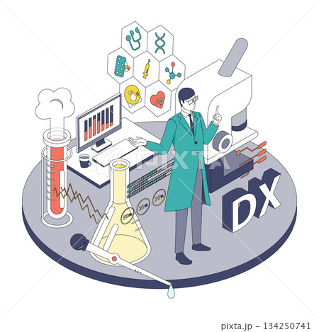 医療DXと研究データを扱う男性医師のアイソメイラスト(Color variation) 134250741