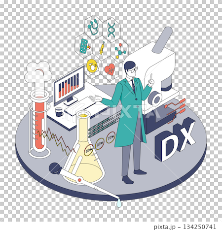 男性醫生處理醫療數位轉型和研究數據的等距插圖（顏色變化） 134250741