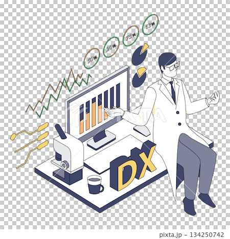 医療DXのデータを分析する男性医師のアイソメイラスト 医療DXのデータを分析する男性医師のアイソメイラスト 134250742