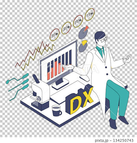 男性醫師分析醫學診斷數據的等距插圖(顏色變化) 男性醫師分析醫學診斷數據的等距插圖(顏色變化) 134250743