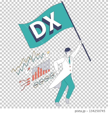 DXの旗を掲げて走る男性医師のアイソメイラスト(Color variation) DXの旗を掲げて走る男性医師のアイソメイラスト(Color variation) 134250745