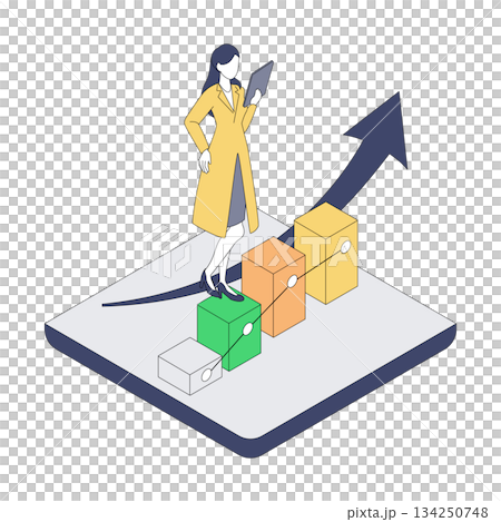 等距插圖，描繪了一位女醫師分析醫療數位轉型結果的場景。 134250748