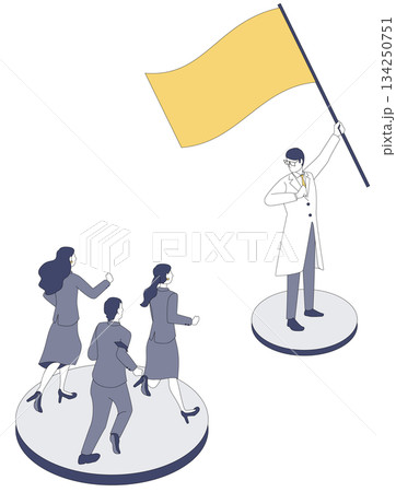 医療DXの旗を掲げる医師と駆け寄るスタッフ 134250751