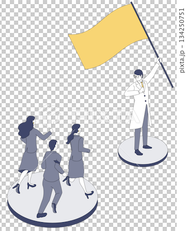 医療DXの旗を掲げる医師と駆け寄るスタッフ 134250751