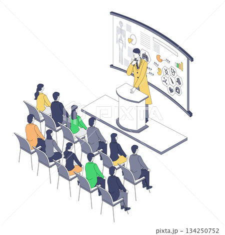 医療DXの講義を行う医師と受講者のアイソメイラスト 医療DXの講義を行う医師と受講者のアイソメイラスト 134250752
