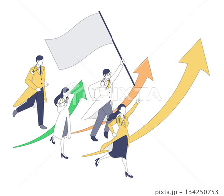 旗を持つ医師とDX推進チームのアイソメイラスト 134250753
