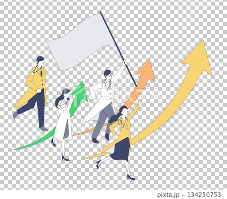 旗を持つ医師とDX推進チームのアイソメイラスト 134250753
