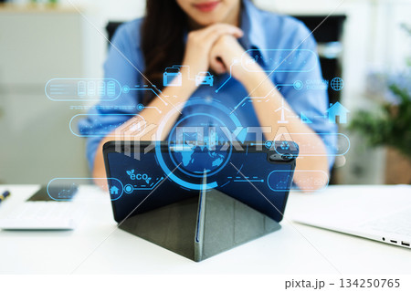 Business working with reduce CO2 concept with icons, global warming such as reforest green factory recycle and zero carbon dioxide emission concept. 134250765