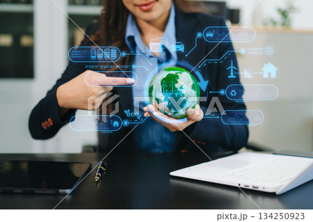 Business working with reduce CO2 concept with icons, global warming such as reforest green factory recycle and zero carbon dioxide emission concept. 134250923