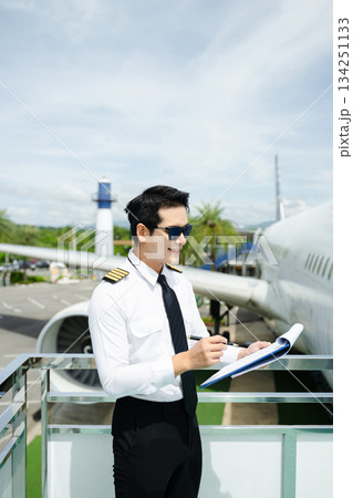 Airline pilot in uniform reviewing checklist outdoors by airplane, perfect for aviation, travel, and professional flight safety themes 134251133
