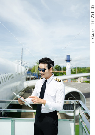Airline pilot in uniform reviewing checklist outdoors by airplane, perfect for aviation, travel, and professional flight safety themes 134251135