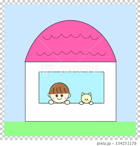 一個孩子和一隻貓向外望去 一個孩子和一隻貓向外望去 134251178