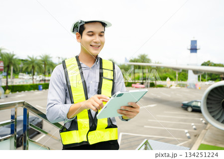 Aviation engineer inspects airplane for safety compliance. Professional aerospace technician at work in airport maintenance 134251224