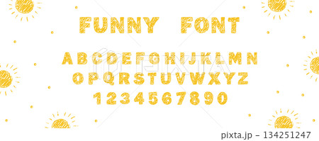 English alphabet crayon. Childlike handwriting funny font. Yellow letters and numbers. Chalk or wax texture. Vector illustration English alphabet crayon. Childlike handwriting funny font. Yellow letters and numbers. Chalk or wax texture. Vector illustration 134251247