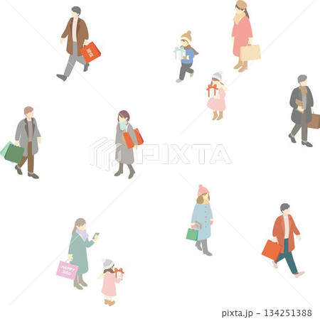 アイソメトリック　冬服の人々と買い物、プレゼントを持つ子供 134251388