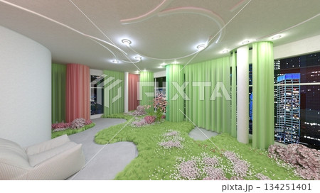 夜景が見えるリビングルーム 134251401