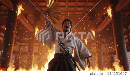 本能寺の変　信長が燃え盛る炎の中で敦盛を舞う 134251647