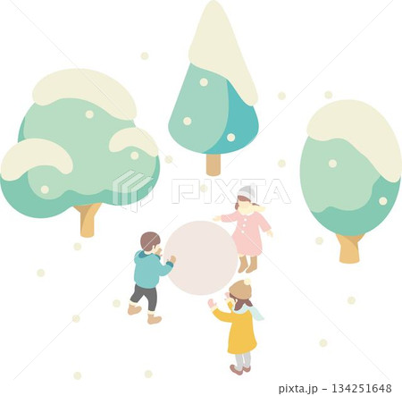 雪だるまを作る子供たちと雪の木のアイソメトリックイラスト 雪だるまを作る子供たちと雪の木のアイソメトリックイラスト 134251648
