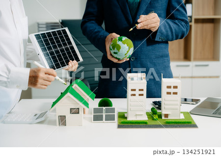 Business team meeting for ESG, net zero, and sustainability goals. Green energy, climate action Business team meeting for ESG, net zero, and sustainability goals. Green energy, climate action 134251921
