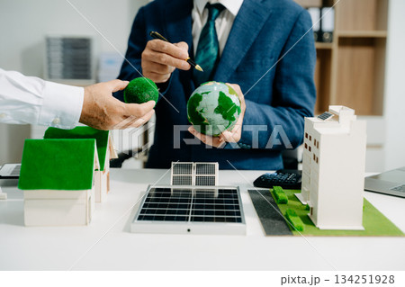 business team people planning and discussing on recycle reduce reuse policy symbol in office meeting room. Green business company business team people planning and discussing on recycle reduce reuse policy symbol in office meeting room. Green business company 134251928