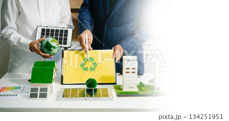 business team people planning and discussing on recycle reduce reuse policy symbol in office meeting room. 134251951