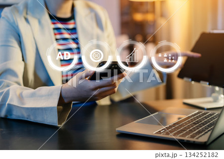 Digital marketing commerce online sale concept, woman using tablet, laptop with Ads and sales. Digital marketing commerce online sale concept, woman using tablet, laptop with Ads and sales. 134252182