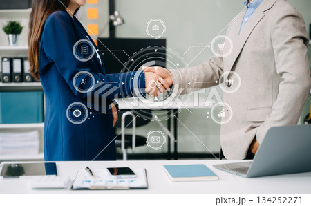 Business partnership handshake concept.Photo two coworkers handshaking process.Successful deal after great meeting. 134252271